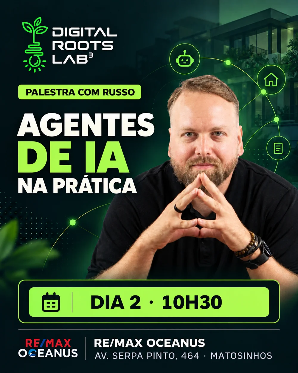 Convite da palestra Agentes de IA na RE/MAX Oceanus, dia 2 às 10h30